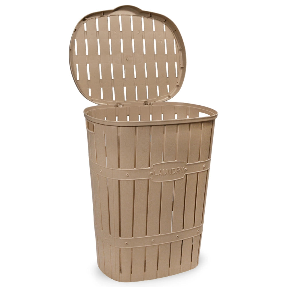 Cestone portabiancheria con coperchio e cesta coordinata effetto legno beige