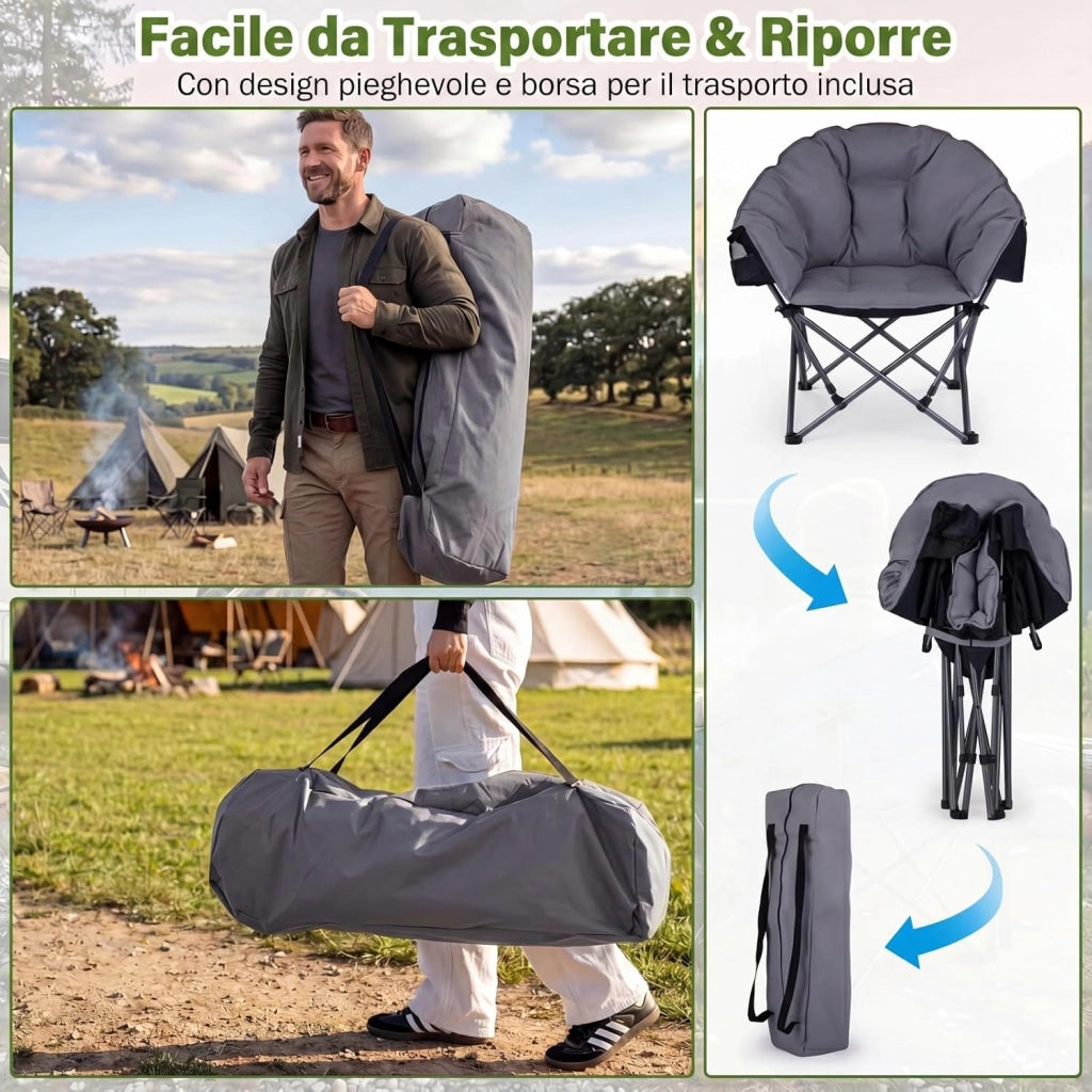 Sedia da Campeggio Pieghevole, Sedia da Pesca Portatile con Braccioli, Portabicchieri e Borsa da Trasporto, Portata 227 kg, per Esterno, per Picnic e Spiaggia, 74x90x99 cm (Grigio)