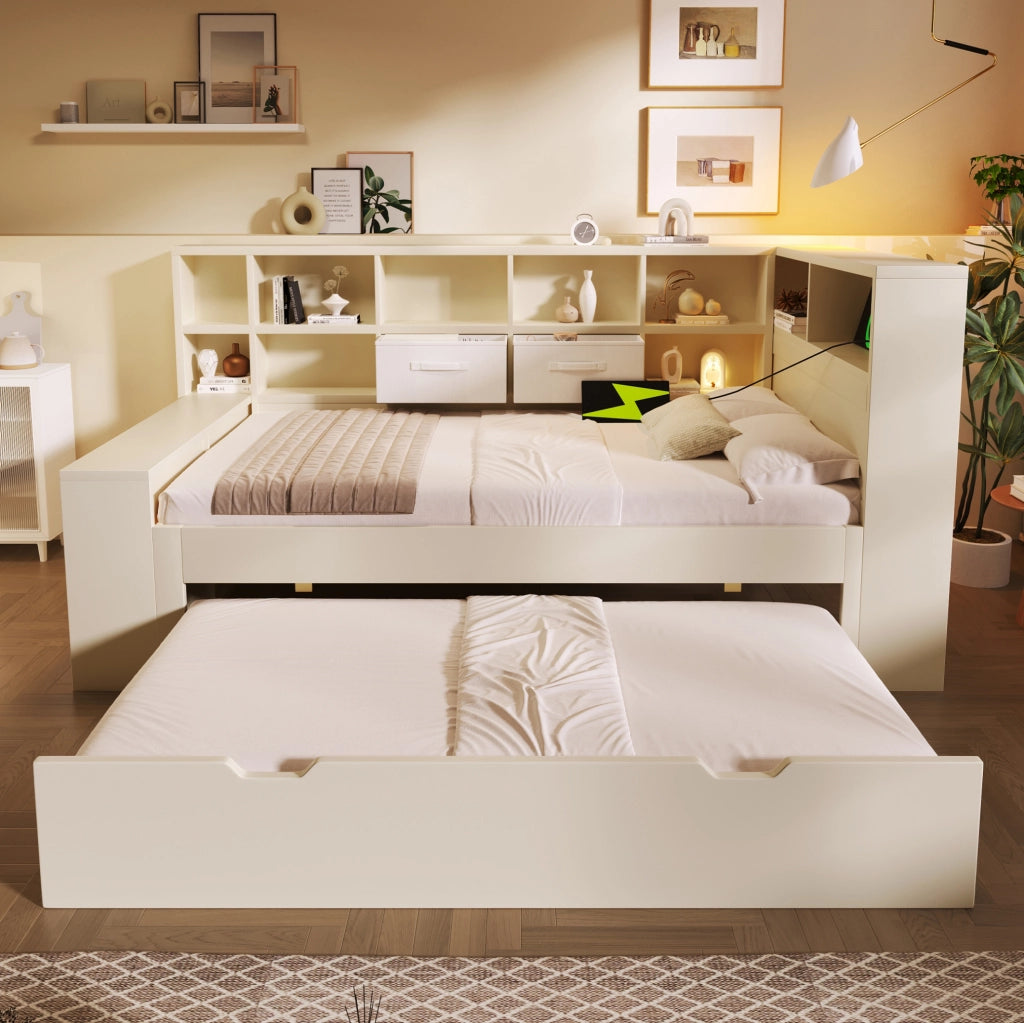 Letto 90x200 cm con letto estraibile; USB e Type-C in legno e truciolare bianco
