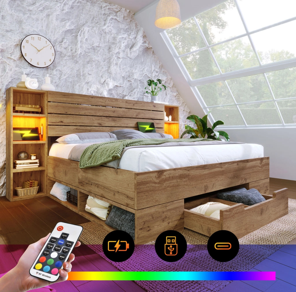 Letto matrimoniale 160x200 cm in legno e metallo; con LED; prese USB e Type-C; finitura rovere