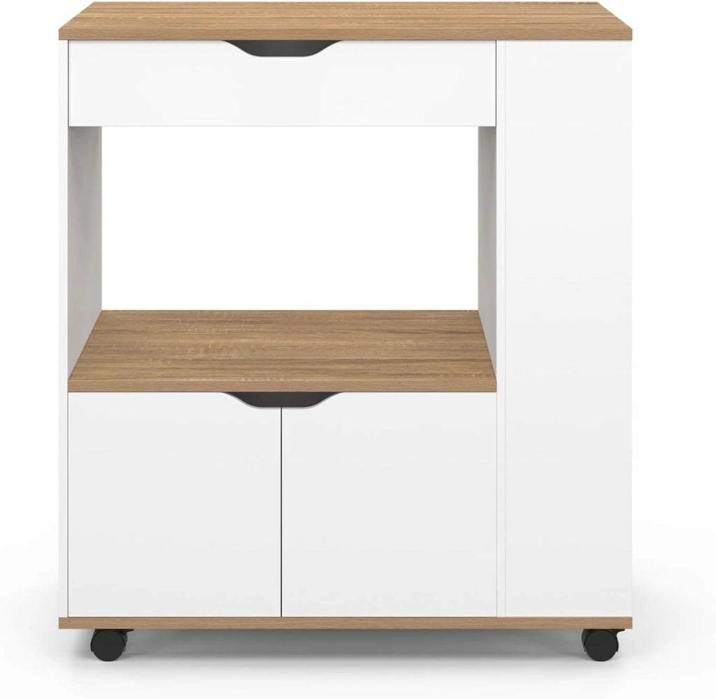 Credenza COSI per microonde con cassetto e ripiani per spezie in legno bianco e vassoi in faggio L.76 cm