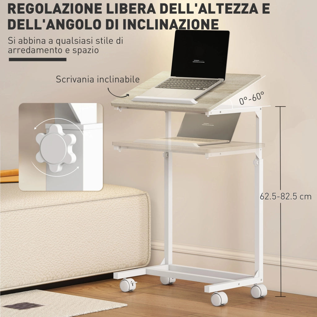 Tavolino da Lavoro Regolabile 55x36x62,5-82,5 cm con Piano Inclinabile in Legno e Metallo Bianco e Rovere