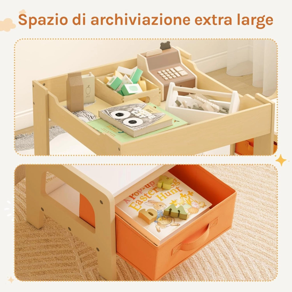 Set Mobili con Lavagna Contenitore Tavolo e Sedie per Bambini Soggiorno Tavolino con 2 Sgabelli in Legno