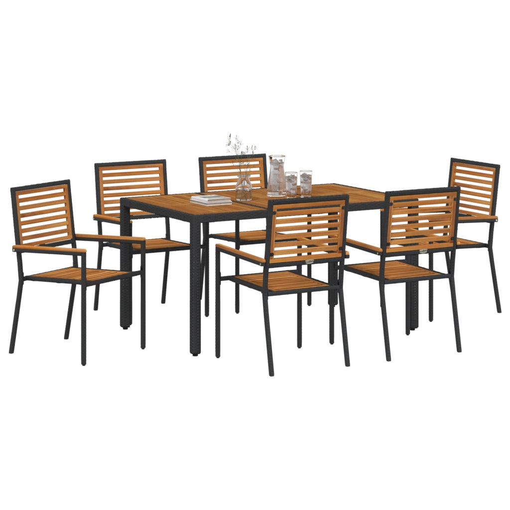 Set da pranzo da giardino  7 pezzi in polirattan nero e acacia