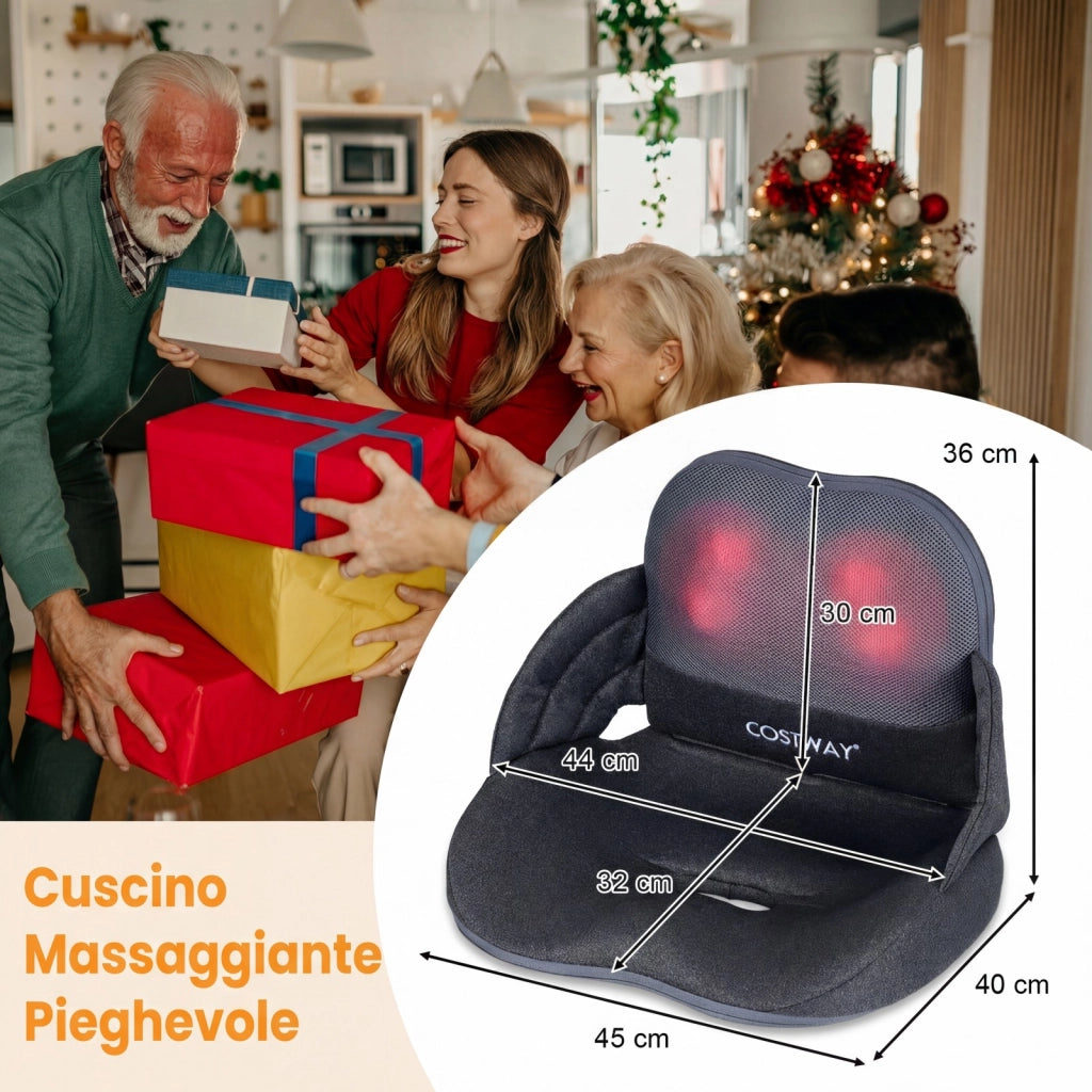 Massaggiatore riscaldamento cuscino sedile pieghevole shiatsu lombare fianchi impastamento, Massaggiatore compressione aria 3 livelli vibrazione sedia casa ufficio