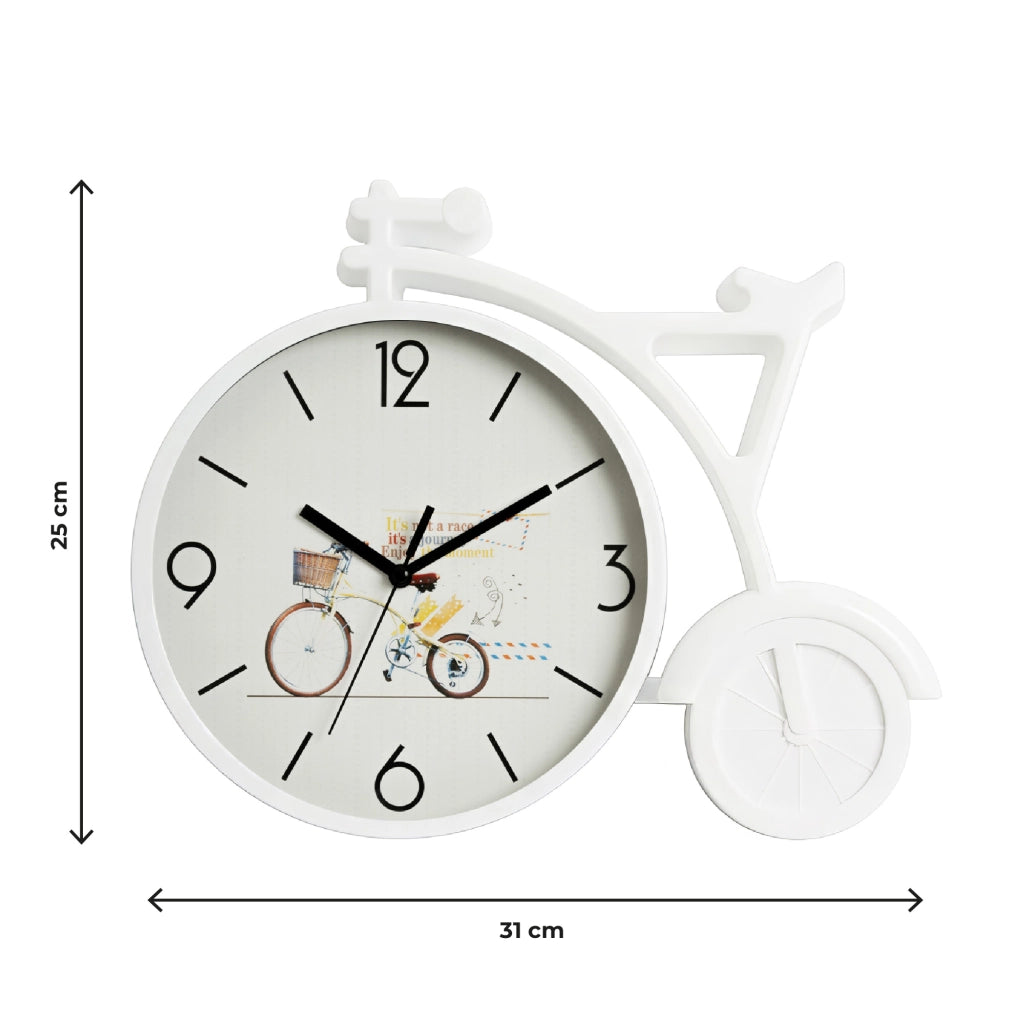 Orologio da Parete a Forma di Bicicletta 31x25 cm Design Moderno Bianco con Quadrante Decorato per Soggiorno Camera Cameretta e Ufficio
