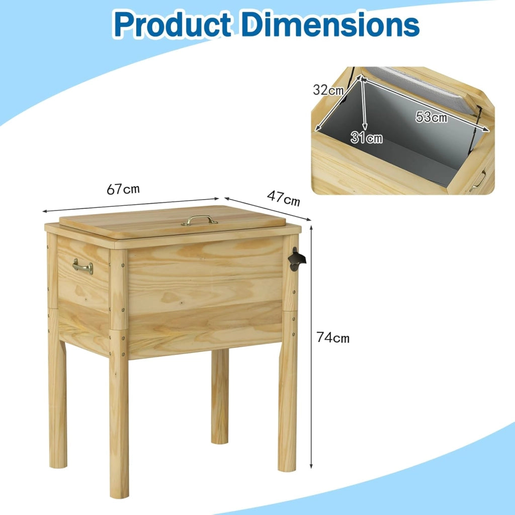 Frigorifero per rotelle, 51 l, bar all'aperto mobile 67 x 47 x 74 cm, tempo di mantenimento 2-4 ore, materiale in legno di pino solido, per giardino, terrazza, piscina, bistrot, naturale