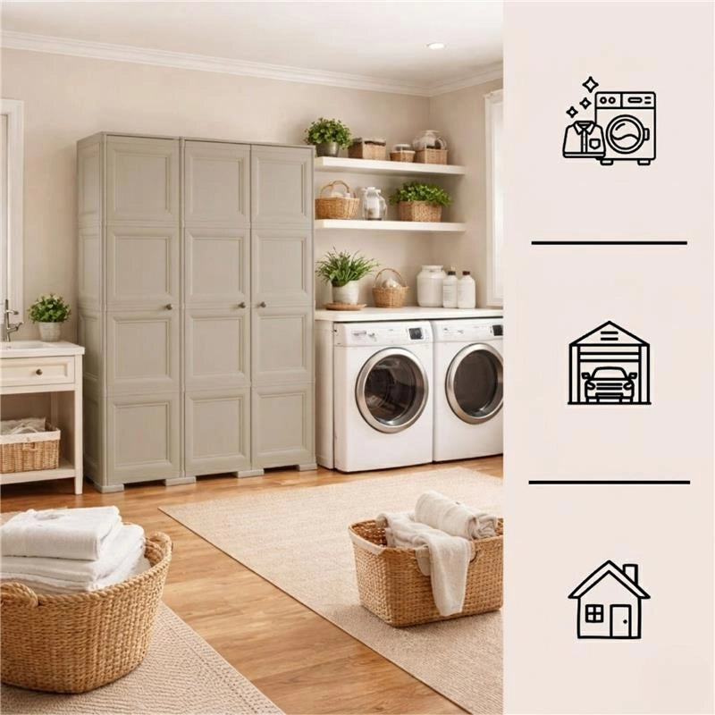 ARMADIO 3 ANTE TAUPE 118X43X164 CM CON PUNTALI E VANO PORTASCOPA – MOBILE ALTO ORGANIZZAZIONE CASA PER INGRESSO E LAVANDERIA