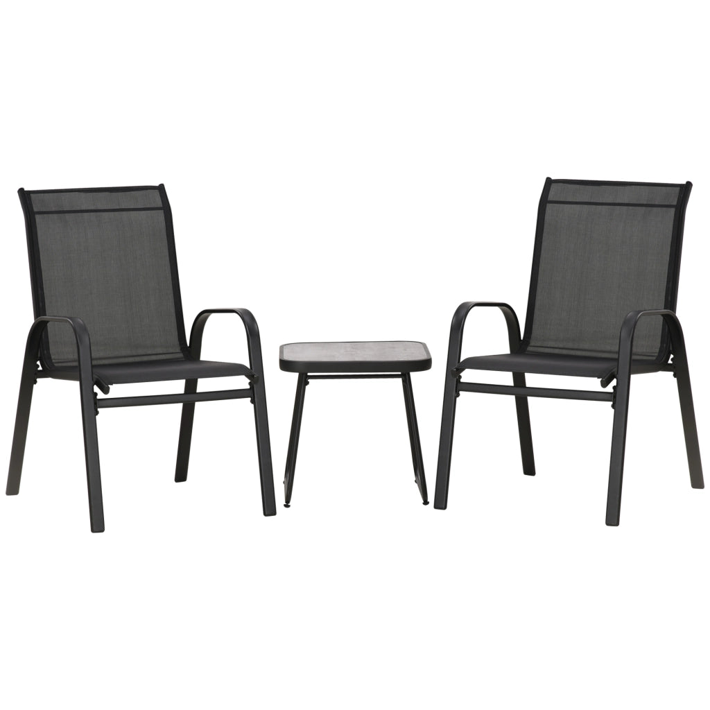 Easycomfort Set da Giardino 3 Pezzi con Tavolino e 2 Sedie Impilabili, in Acciaio e Tessuto Traforato, Nero