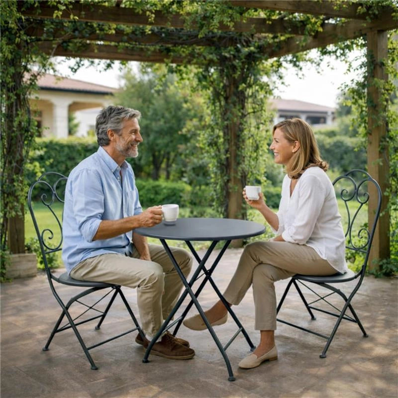 SET TAVOLO + 2 SEDIE IN METALLO GRIGIO SCURO PIEGHEVOLE PER GIARDINO