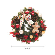MAURY'S GHIRLANDA DI NATALE IN PVC VERDE CON FIOCCO DECORAZIONI VARIE E GINGERBREAD DIMENSIONI 40 CM