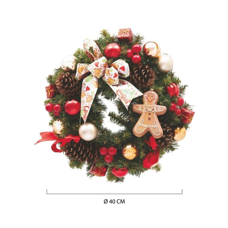 MAURY'S GHIRLANDA DI NATALE IN PVC VERDE CON FIOCCO DECORAZIONI VARIE E GINGERBREAD DIMENSIONI 40 CM