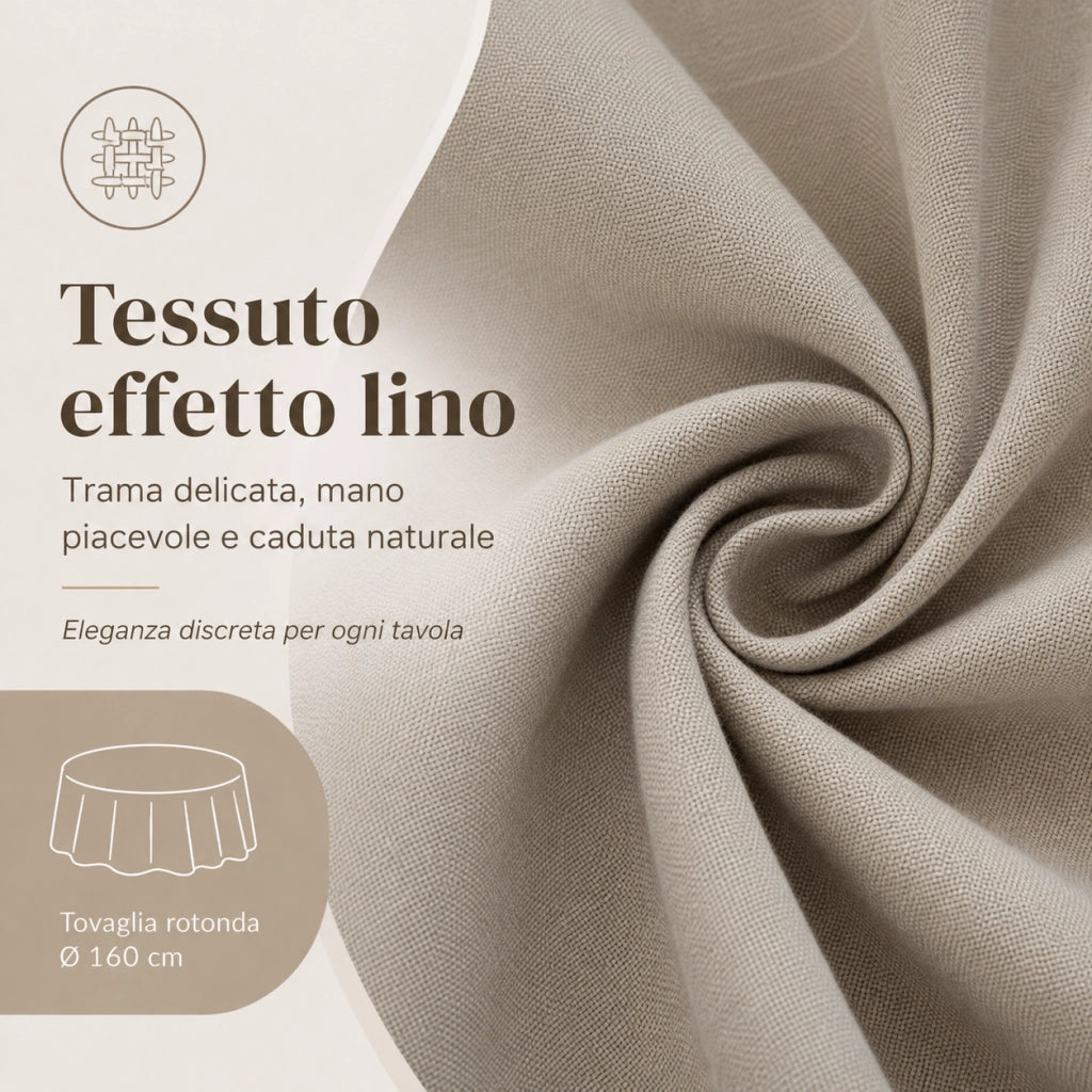 Tovaglia rotonda 160 cm colore grigio; tessuto effetto lino idrorepellente; lavabile in lavatrice; design moderno per tavolo da pranzo interno