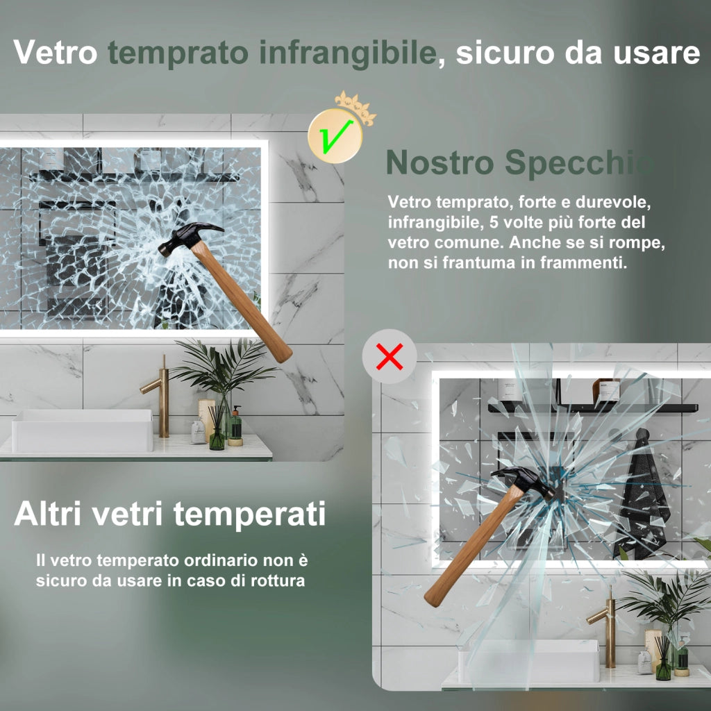 AICA Specchio da bagno  100 x 60 cm, dimmerabile, Funzione Memoria, antiappannamento, 3 colori