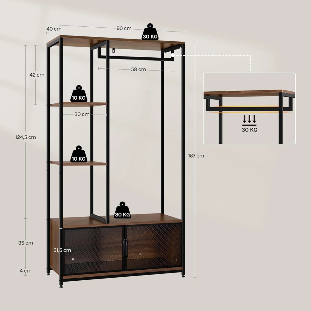 Stand Appendiabiti con Multi Scaffali Laterali e Armadietto Guardaroba Scaffale Porta Abiti in Legno e Metallo, Faggio Scuro