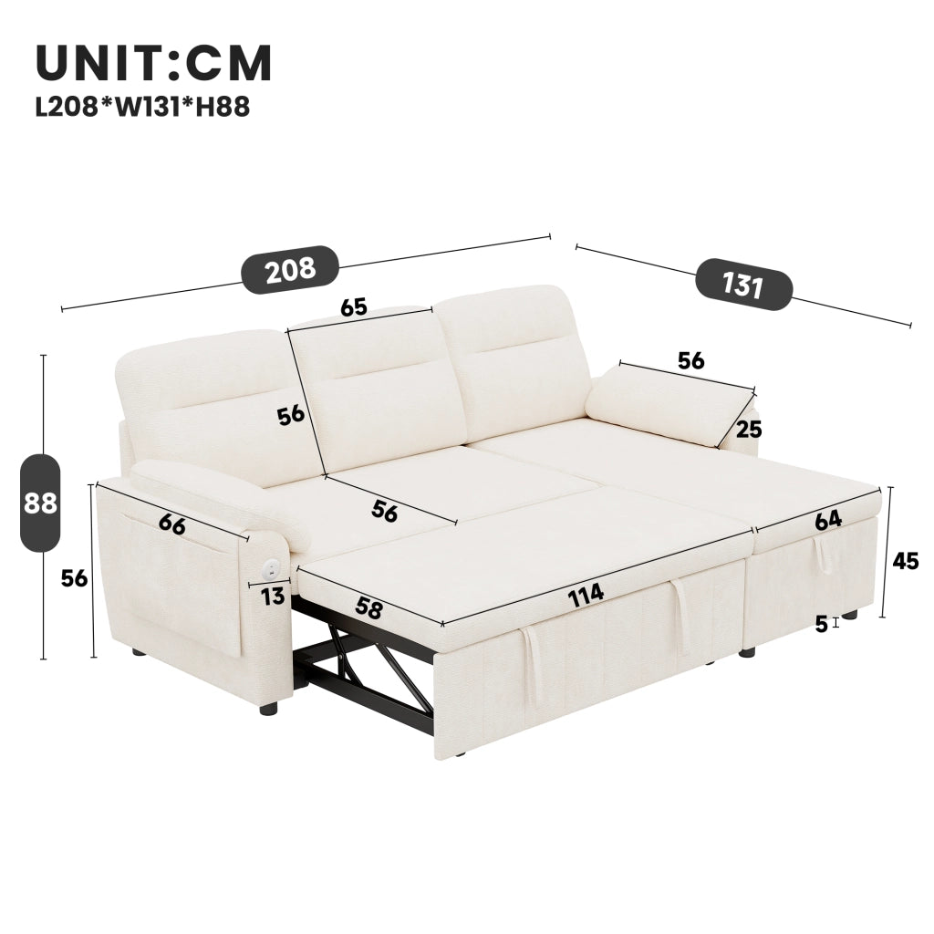 Divano angolare convertibile con letto estraibile chaise longue reversibile con contenitore in chenille beige per casa