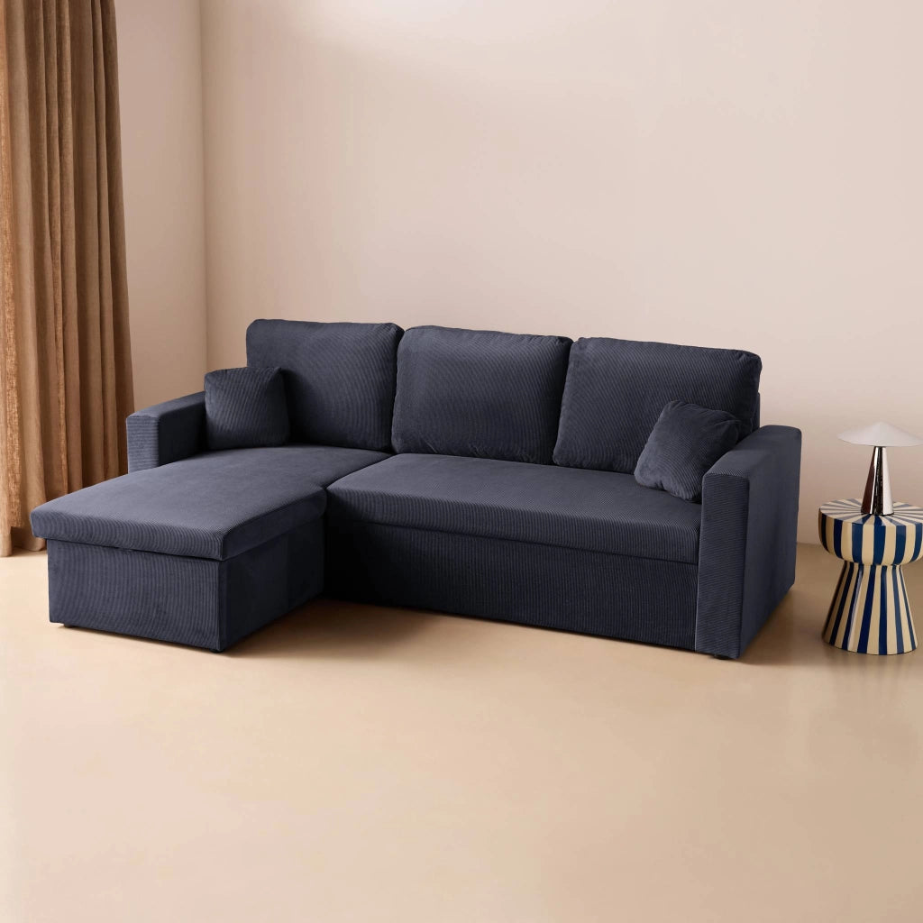 Divano letto angolare reversibile in velluto a coste, 3 posti, blu