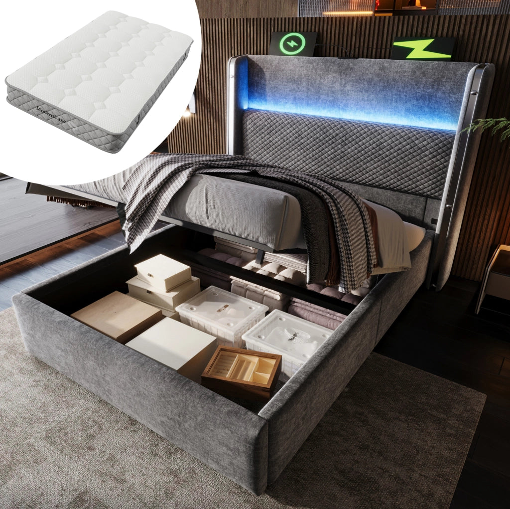 Letto 90x200 cm con testiera alta, LED, presa USB/Type-C e materasso incluso