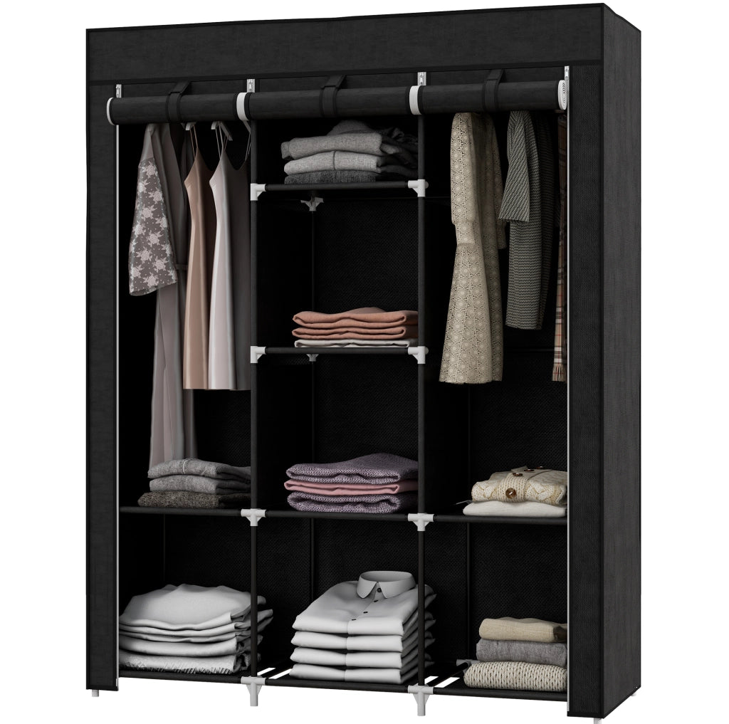 Armadio in tessuto 125x43x162.5 cm con 2 barre appendiabiti e 8 ripiani; nero