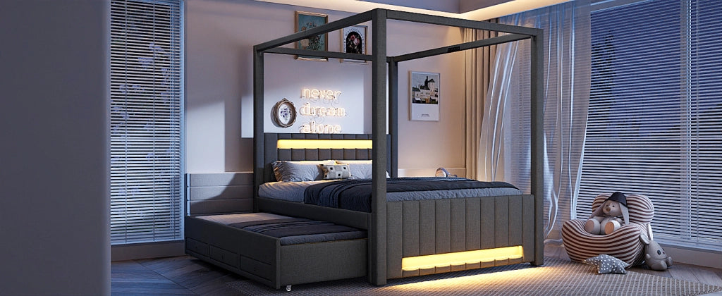 DESMIU Letto combinato 140 × 200 cm 2 posti con letto estraibile, 3 cassetti, LED, senza materasso, grigio