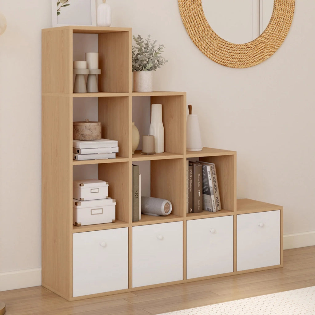 IDMarket - LORYS Mobile a 4 livelli in legno e bianco a gradini con 4 cassetti in tessuto