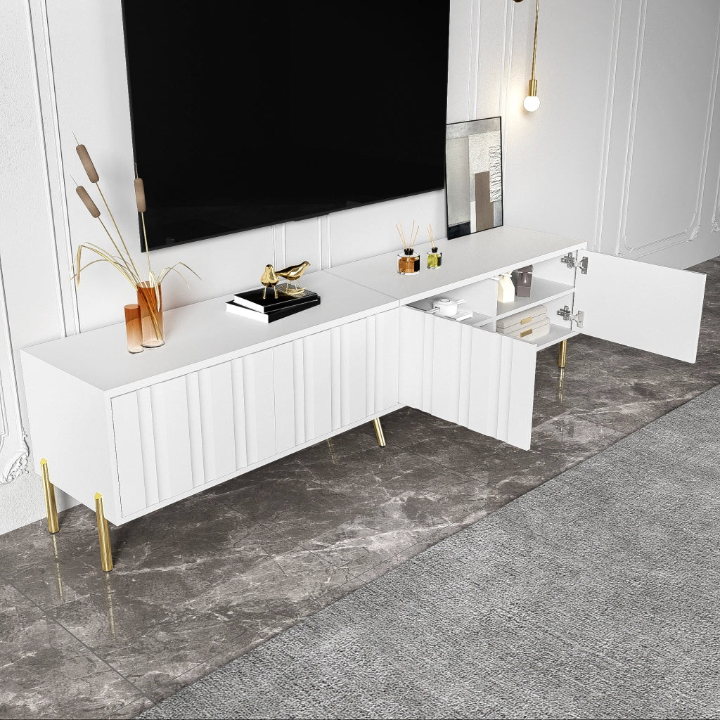 Mobile porta TV con quattro ante e otto ripiani, gambe dorate, design a scanalature verticali, bianco 190 × 38 × 48 cm