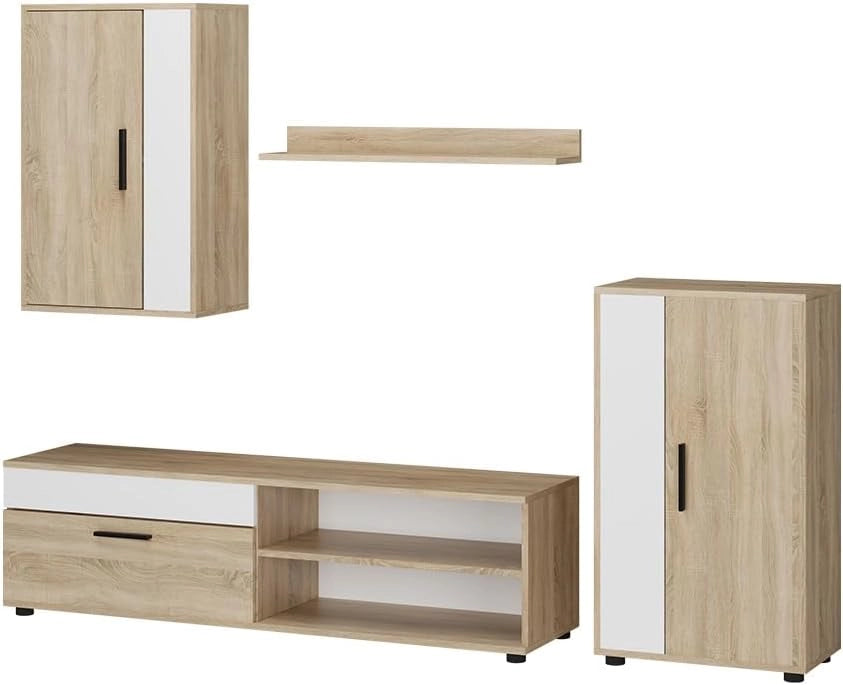 Parete attrezzata Berno, Rovere rustico, Set di 4 pezzi, adatto per la conservazione di dispositivi multimediali e accessori