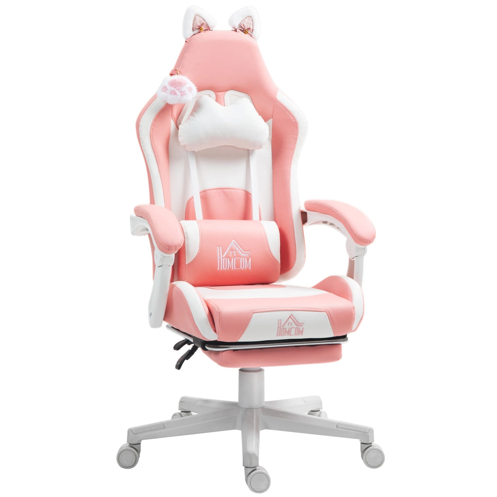 Sedia Gaming con Orecchie da Gatto, Poggiapiedi Estraibile, Altezza Regolabile, Rosa