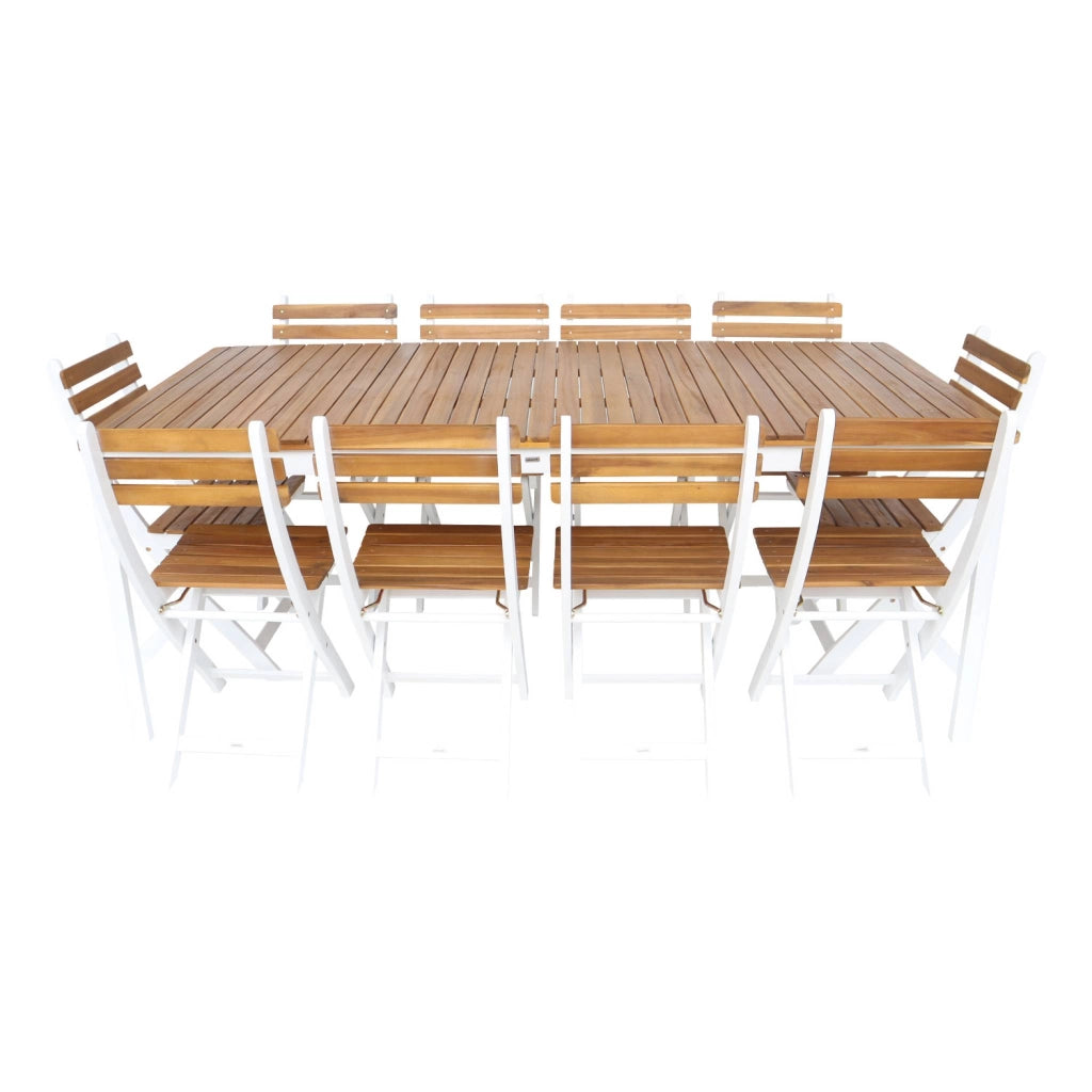 Set tavolo da giardino in acacia con angoli arrotondati con 10 sedie,