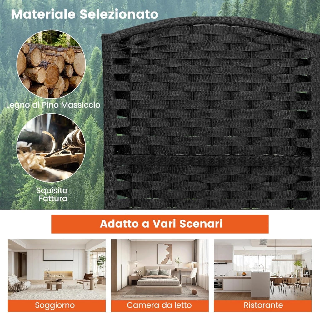 Paravento Pieghevole a 6 Pannelli, Pannelli Divisori da Interno con Texture Intrecciata a Mano e Telaio in Legno, Separé Divisorio a Parete Autoportante per Casa, Ufficio e Negozio (Nero)