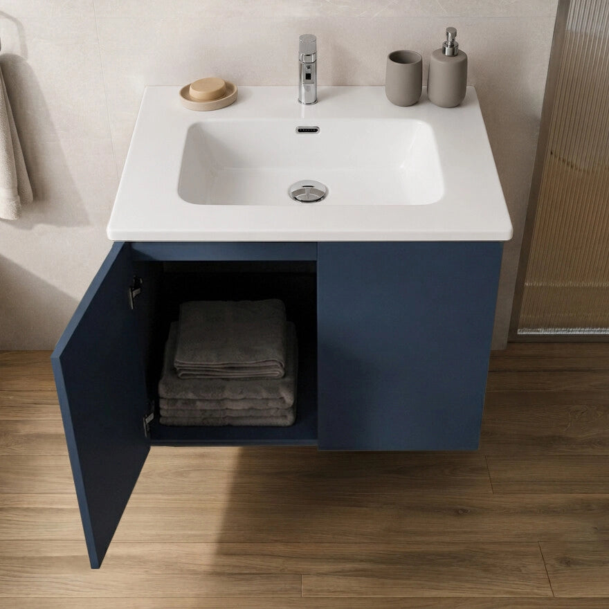 Mobile bagno sospeso 60 cm blu due ante e lavabo Tierra
