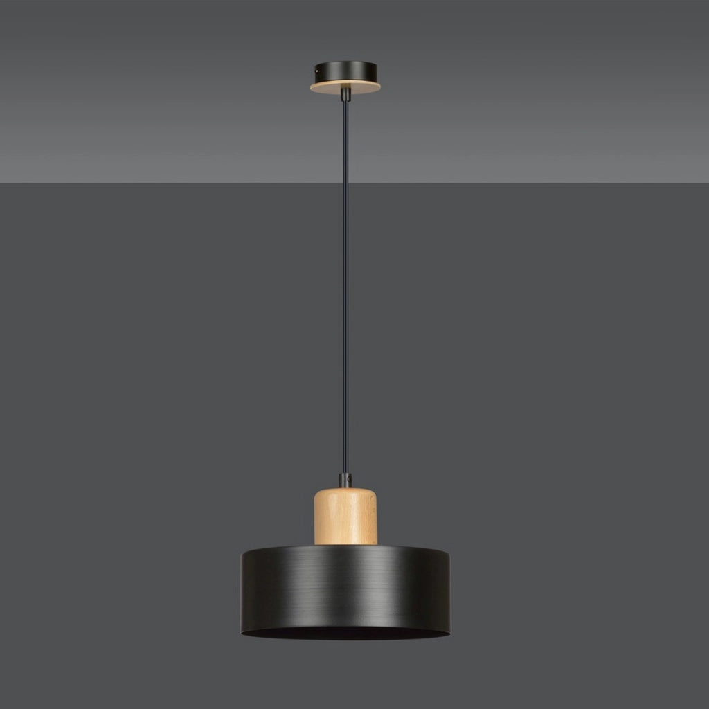 Lampada a sospensione Torin in acciaio nero opaco e legno