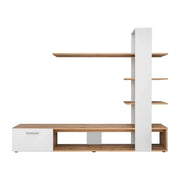 Mobile porta TV con libreria e scaffali integrati, collezione CLEO. Colori bianco e rovere.