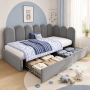 Letto singolo imbottito 90x200 cm in velluto grigio con 2 cassetti, rete a doghe e schienale
