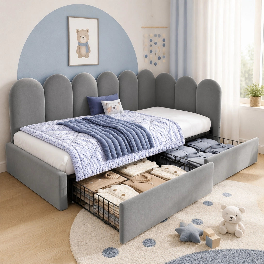 Letto singolo imbottito 90x200 cm in velluto grigio con 2 cassetti, rete a doghe e schienale