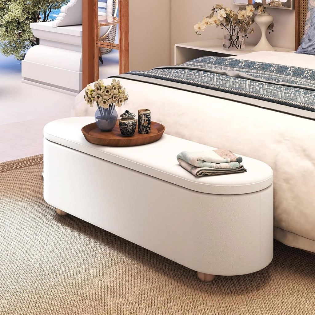 Panca Contenitore, Poggiapiedi Imbottito 139 cm con Coperchio Ribaltabile, Gambe in Legno, Panca Ottomana per Camera da Letto, Soggiorno, Portata 300 kg, Beige