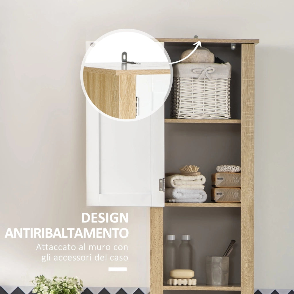 Mobile Bagno Alto 1 Cassetto 2 Armadietti 2 Ripiani 37x30x184 cm in Truciolato Bianco e Legno Naturale
