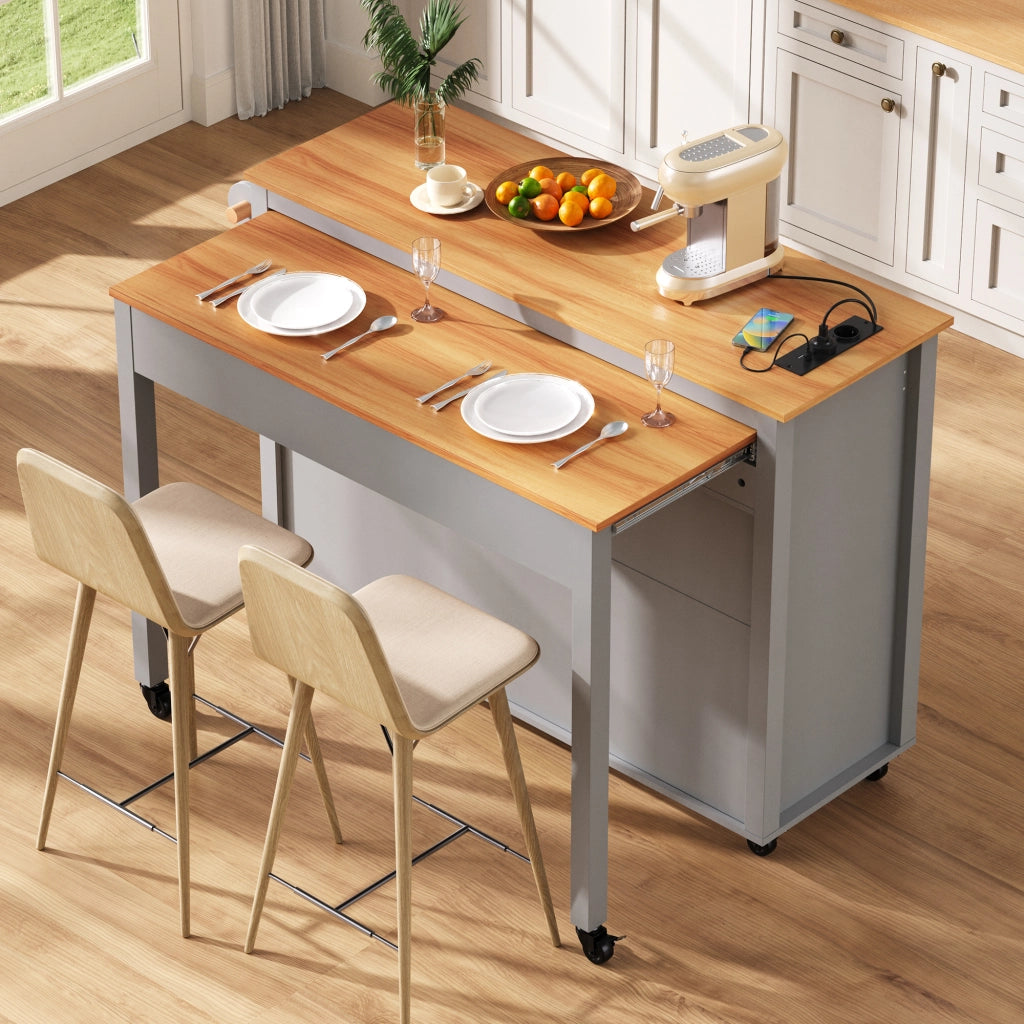Carrello da Cucina con 2 Ante; Ripiani Regolabili; Piano Estensibile; Prese e Vano Pattumiera; per Cucina; in MDF; 120 x 40-75 x 92 cm; Grigio