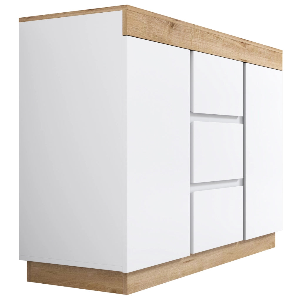 Cassettiera classica con 3 cassetti e 2 ante; in truciolare E1; bianco e rovere