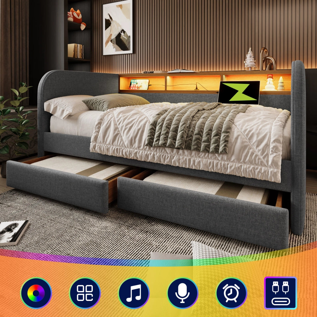 LETTO Imbottito 140x190 cm Grigio in Lino con LED, USB e 2 Cassetti
