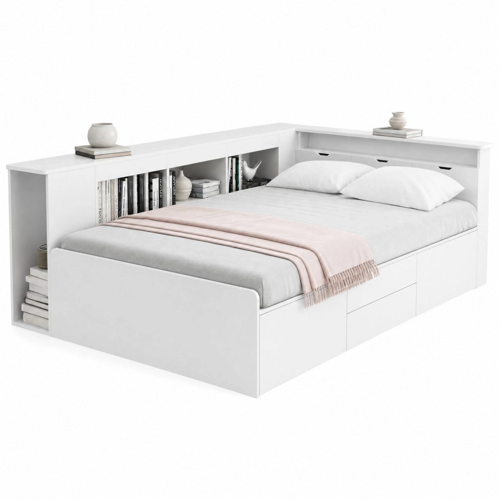 Letto per bambini 90x200 cm bianco con cassetti, libreria laterale e vani contenitore, senza materasso