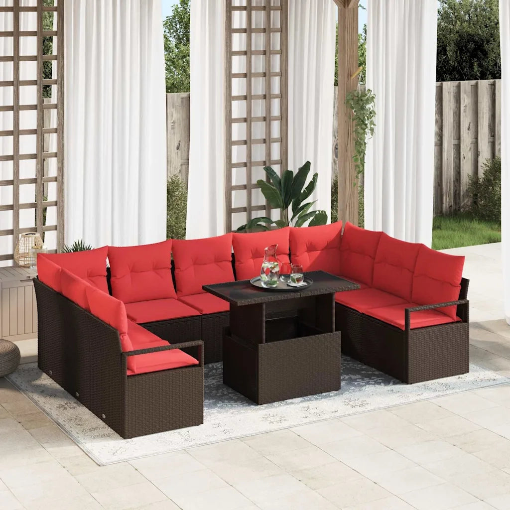 Set Divano da Giardino 10 pcs Marrone e Rosso Poly Rattan