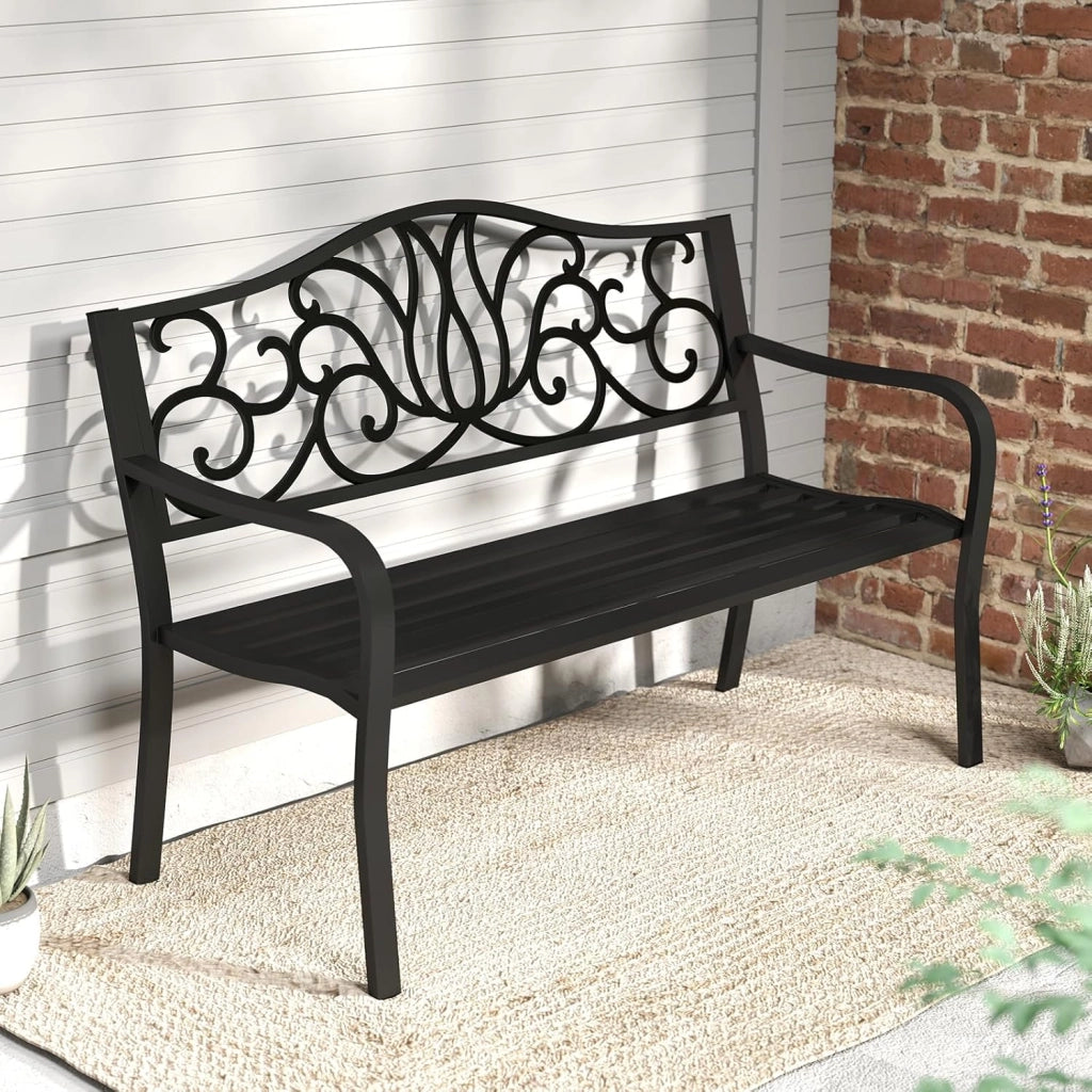 Panchina da Giardino, Panca da Esterno, Panca da Giardino in Metallo, con Schienale Decorato e Braccioli Curvi, per 2-3 Persone, Design a Doghe, per Parco, Cortile, Balcone, Nero