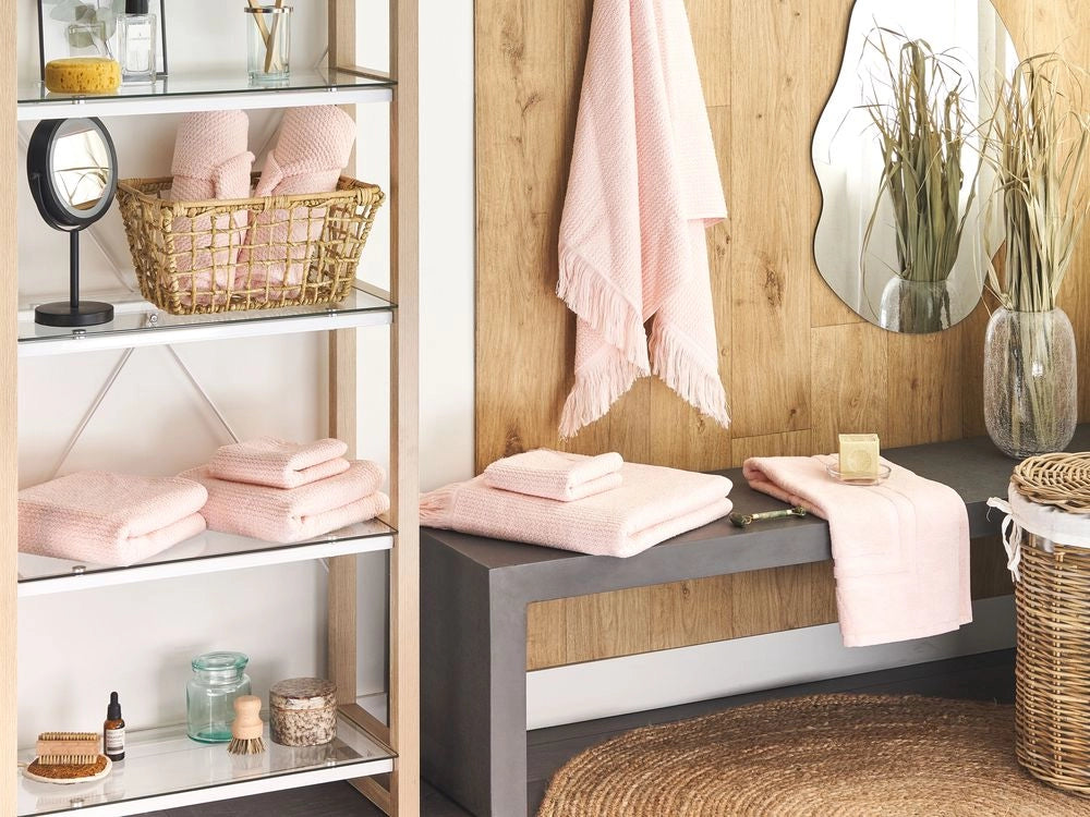 Set di 9 asciugamani bagno in spugna di cotone rosa pastello con nappe decorative