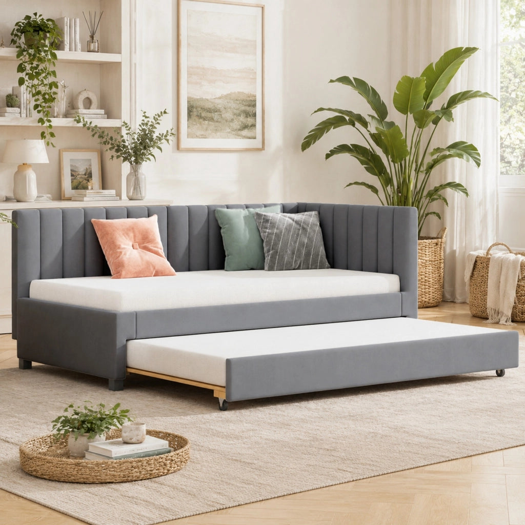 Divano letto estraibile 90x200 cm in velluto grigio, letto singolo con rete a doghe, design multifunzione