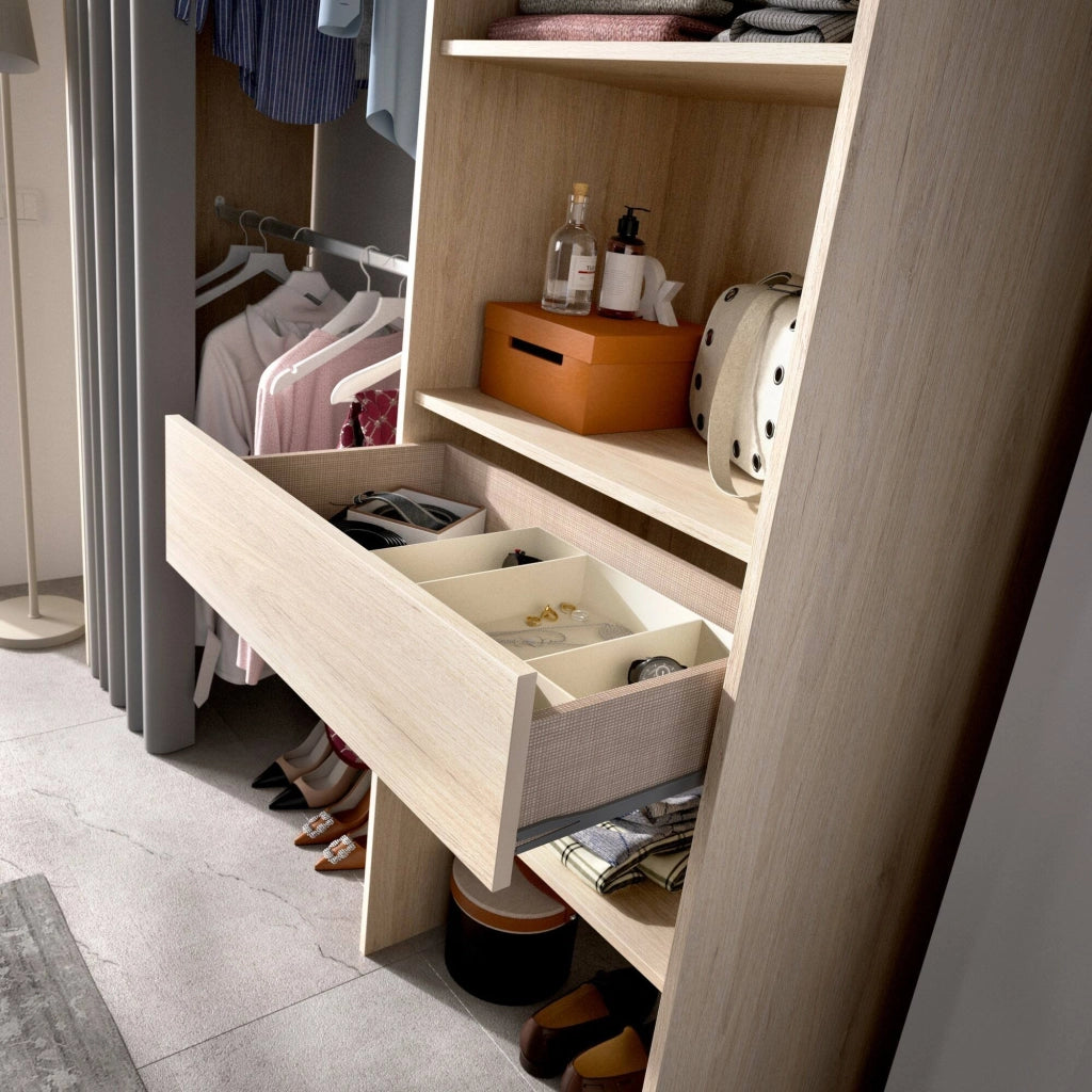 Guardaroba Arim, Struttura per cabina armadio con tenda, Mobile appendiabiti aperto, 160x50h203 cm, Rovere