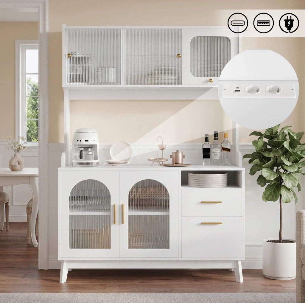 Credenza alta 120x40x178 cm in truciolare bianco con prese integrate USB-A e USB-C