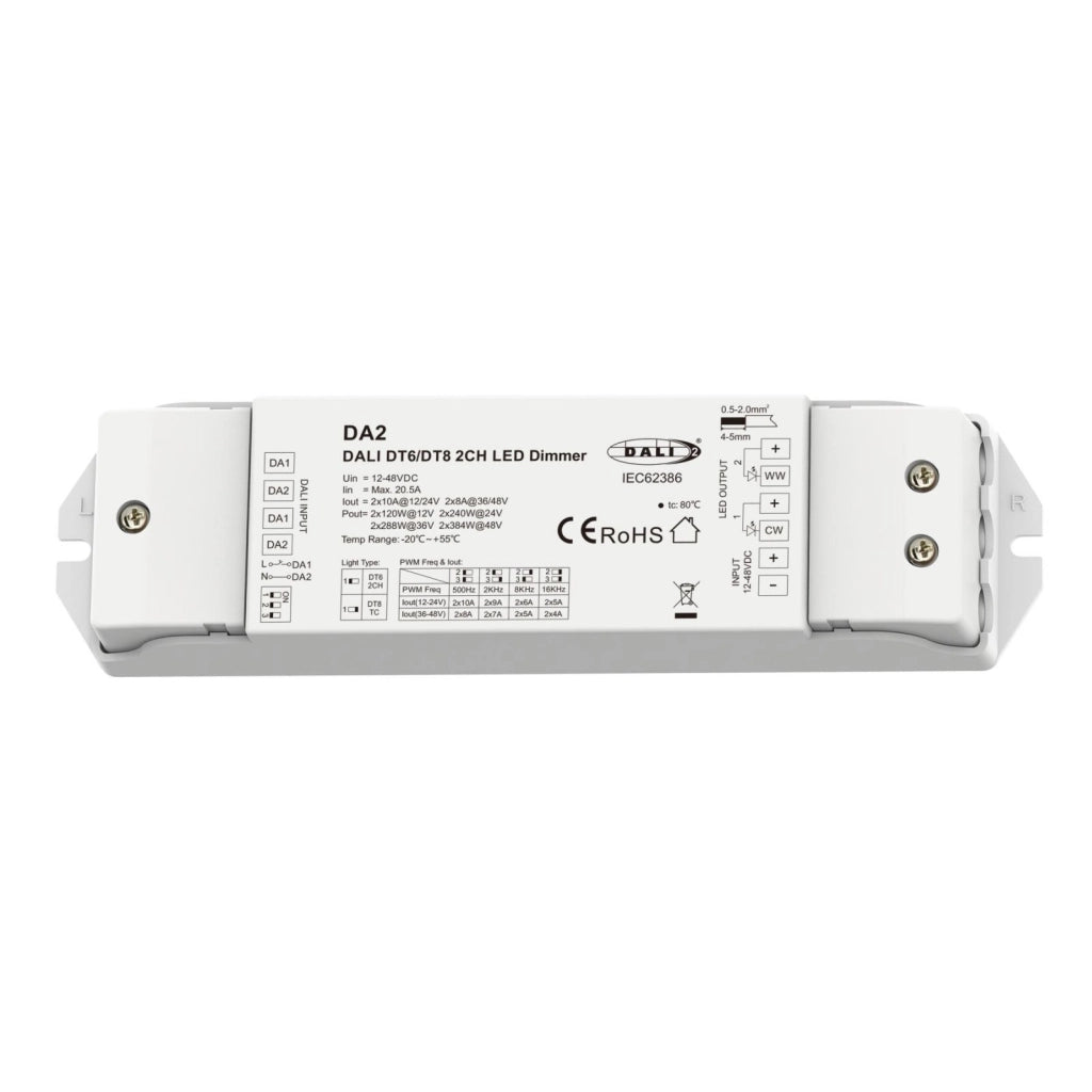Dimmer DALI 2 Canali, 2X10A@12V/24V, 2X8A@36V/48V, Dimmerabile Con Pulsante NO, Push Dim, DALI-2, PWM, DT6 DT8 per Strisce LED Monocolore CCT