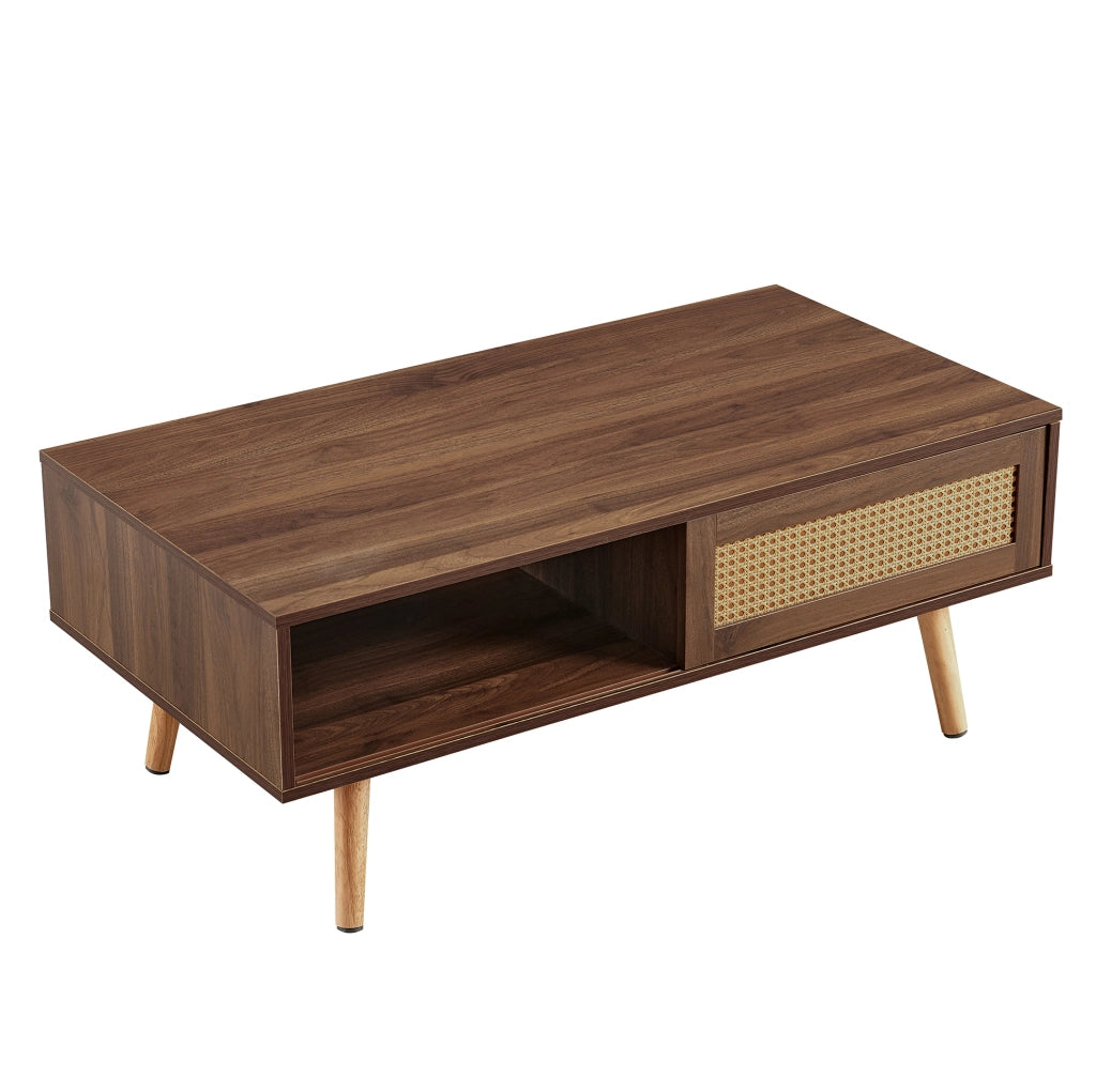 Tavolino da caffè con porta scorrevole in rattan; gambe in legno; MDF marrone