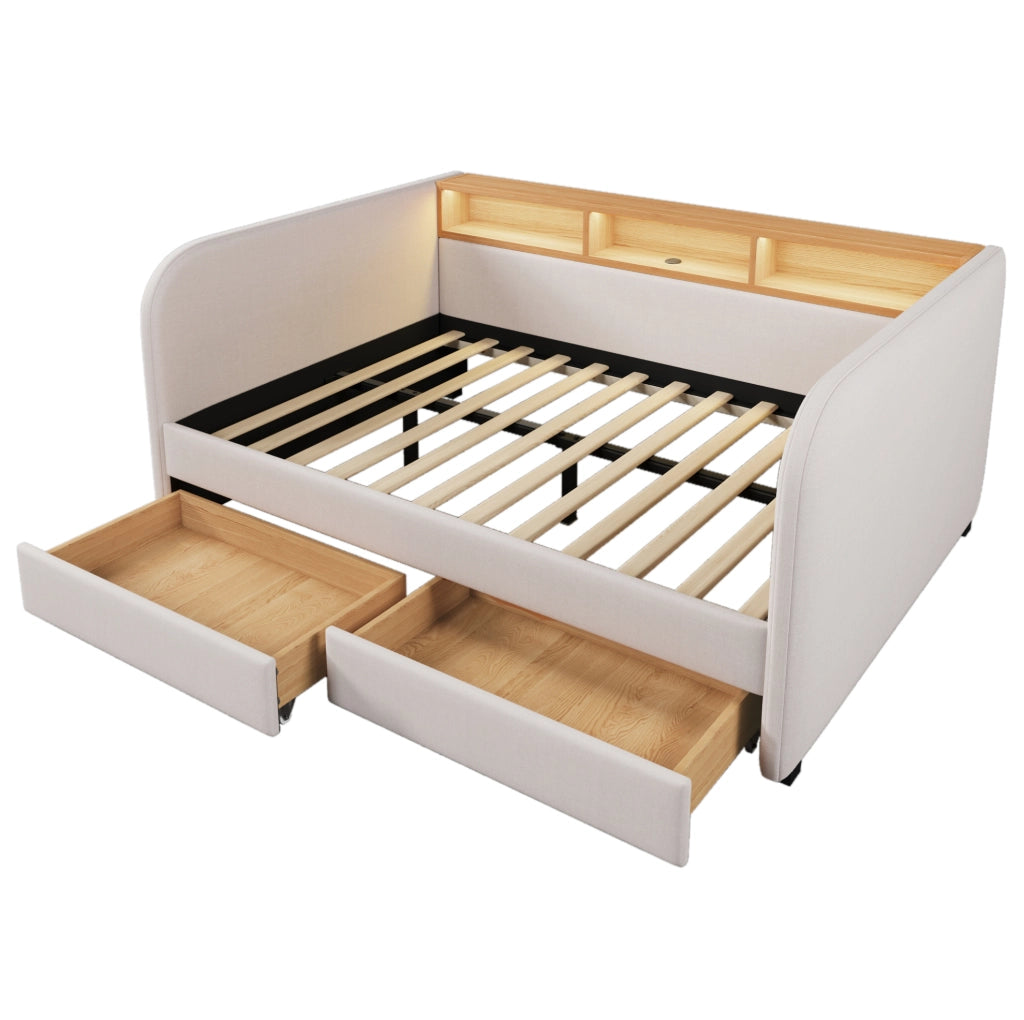 Letto imbottito matrimoniale 140x190 cm con LED; USB-C; 2 cassetti e testiera contenitore